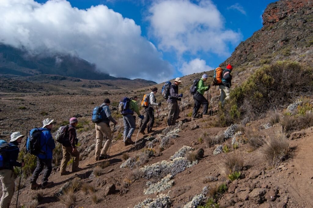 Hikers on a volcanic mountain trail, characteristic of Mount Elgon National Park hiking terrain, Uganda