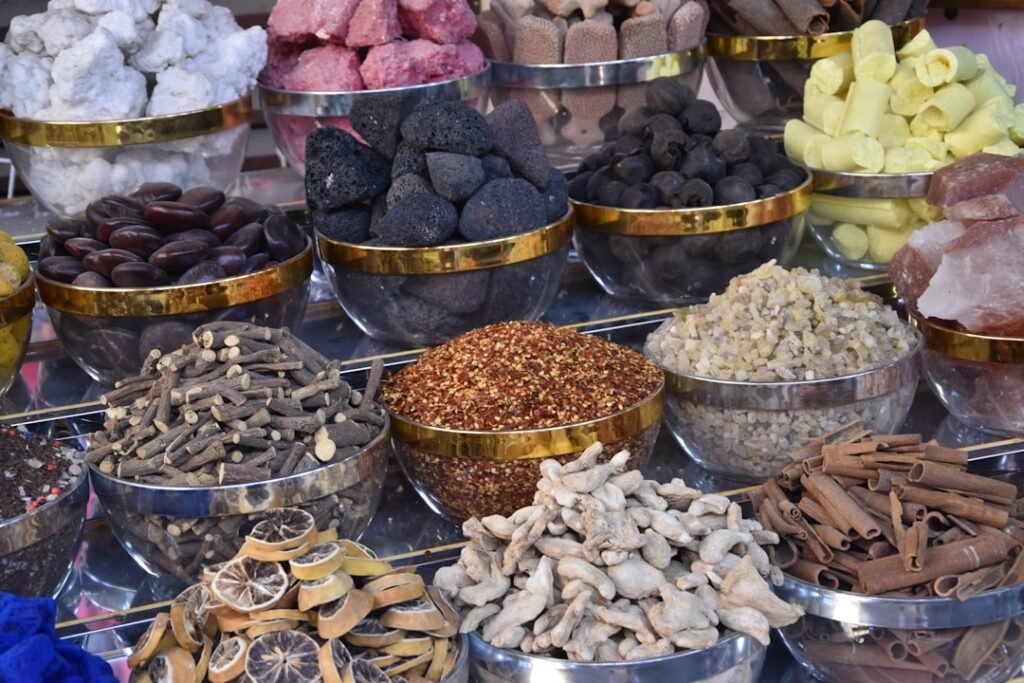 Assortment of colorful spices, representative of Zanzibar's spice farms