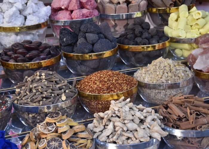 Assortment of colorful spices, representative of Zanzibar's spice farms
